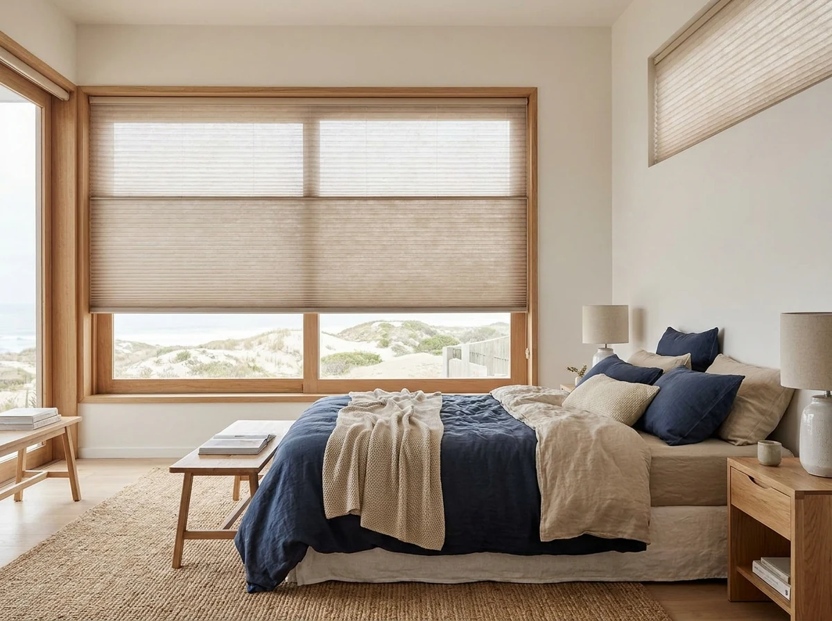 Cellular honeycomb blind half-raised on a dune-facing bedroom window in Melkbosstrand