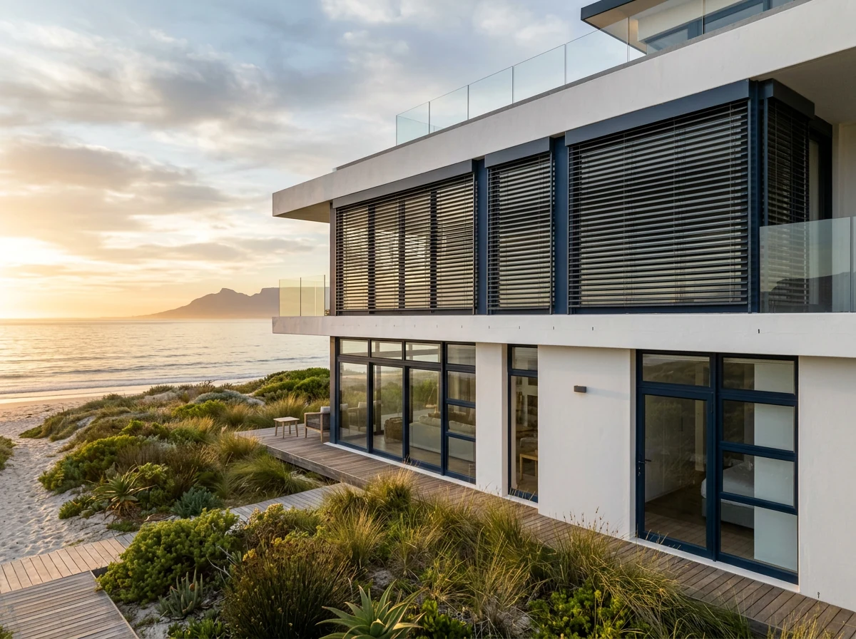 External aluminium venetian blinds on the upper storey of a Melkbosstrand beach house facade at sunset