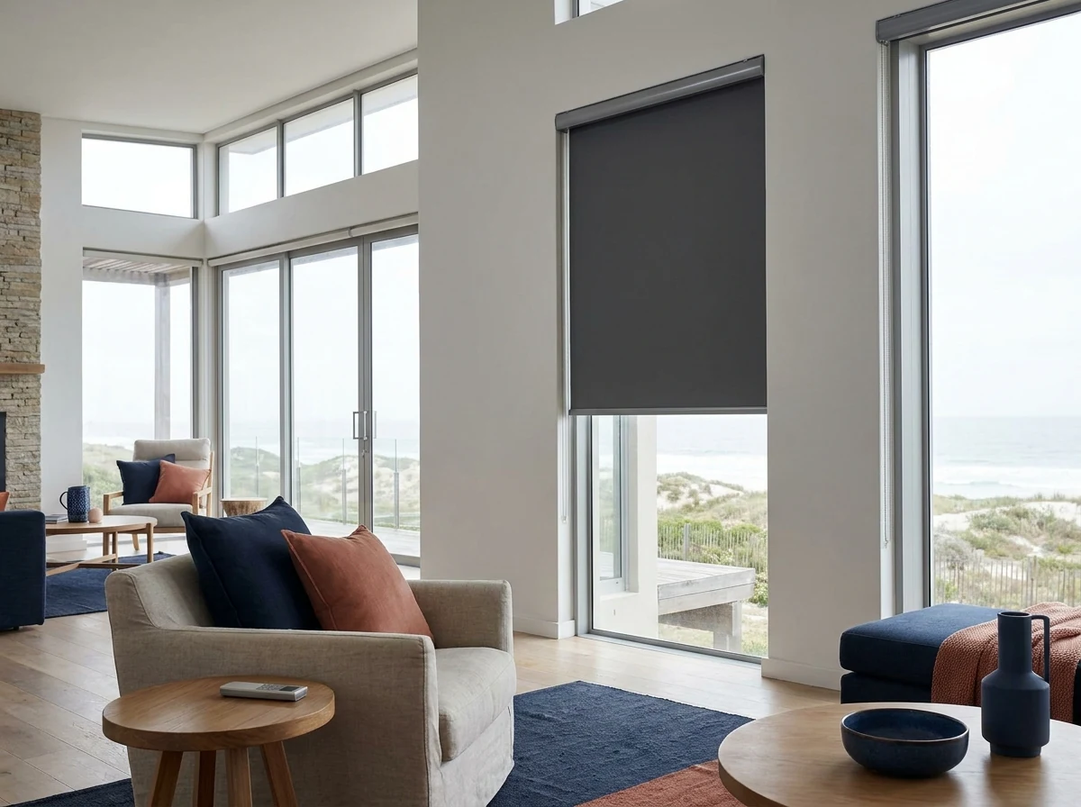 Motorised roller blind partway down a tall window in an open-plan Melkbosstrand beach house