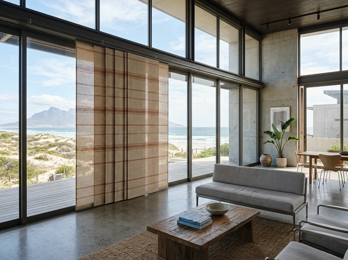 Sand-and-terracotta vertical panel blinds on a wide glass wall in a contemporary Melkbosstrand rebuild