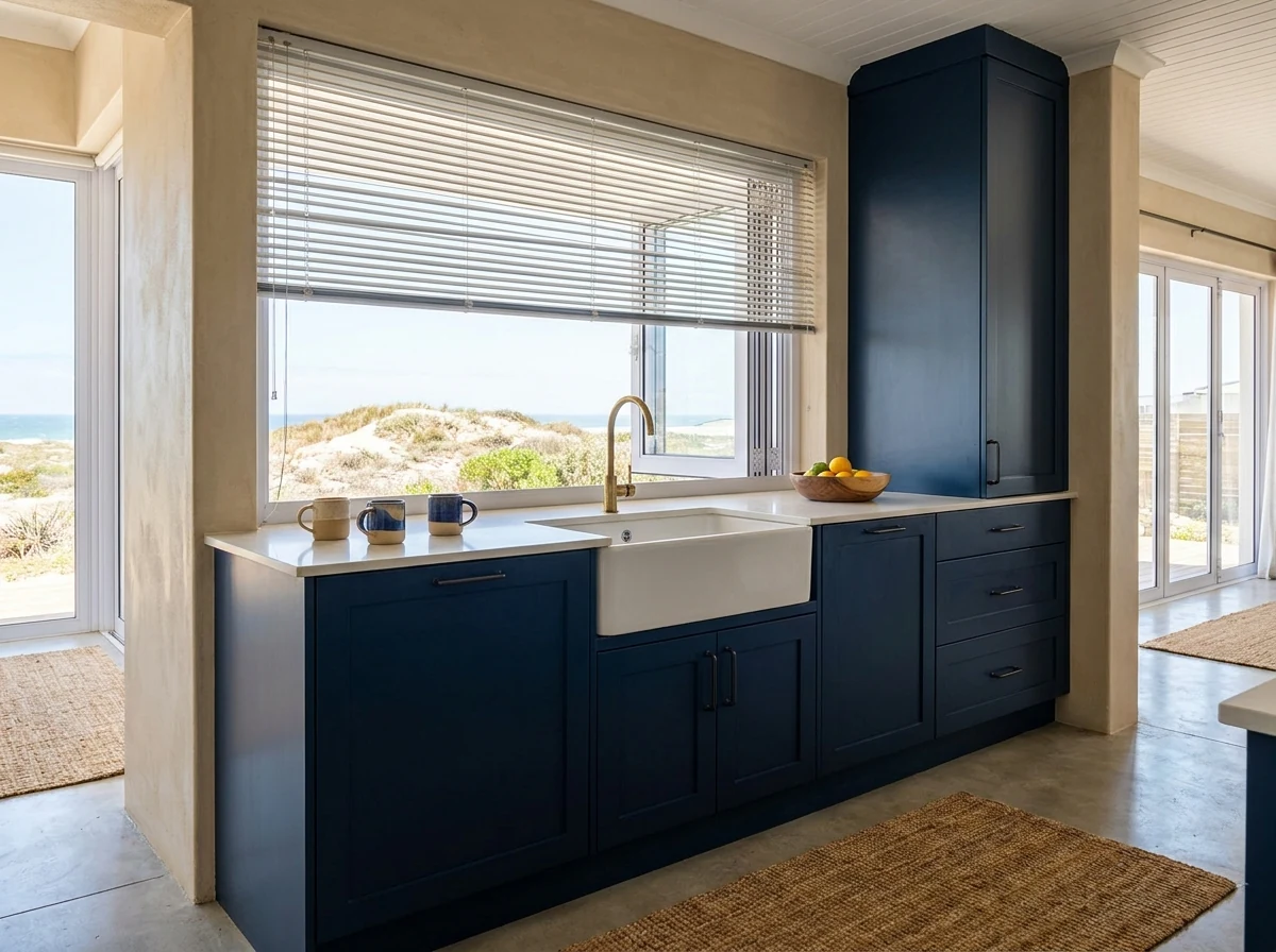 Aluminium venetian blind tilted open above a kitchen sink window in a Melkbosstrand beach house