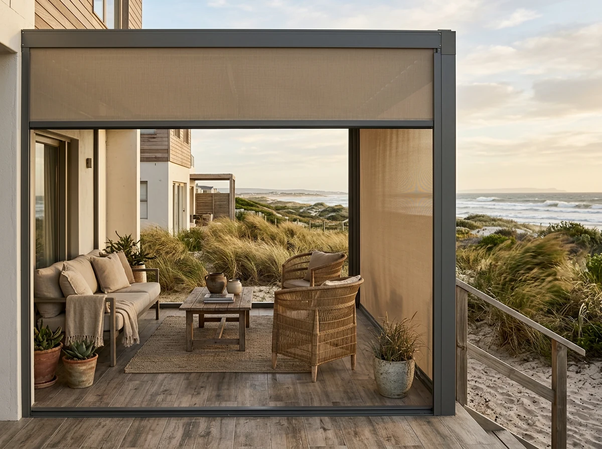 Sand-coloured zip-track screen enclosing a wind-exposed deck in Melkbosstrand